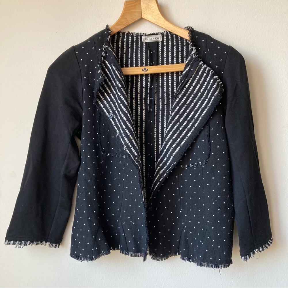 Vakko Black White Fringed Short Jacket Blazer Stretch 3/4 Sleeves Women XS 1
